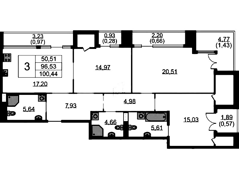 3-комнатная квартира 100.44 м², 9/9 эт., ЖК «Бакунина 33»